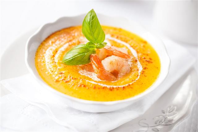 Pumpkin Soup With Shrimps And Basil