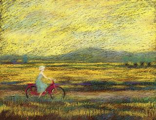 Girl With A Pink Bicycle Painting