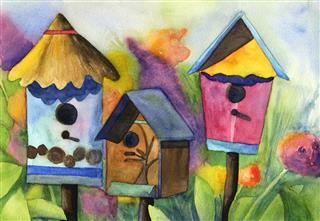 Watercolor Birdhouses In Flower Garden