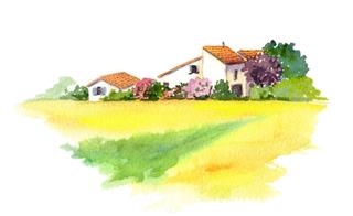 Watercolor Rural House And Yellow Field