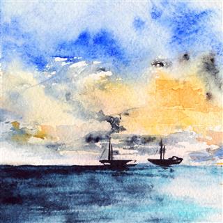 Watercolor Sea Ocean Boat Ship Sunset