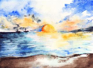 Watercolor Sea Ocean Sunset Landscape