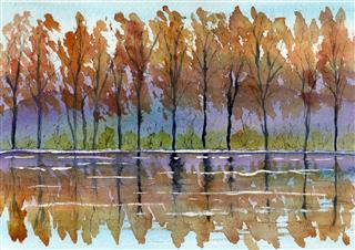 Watercolor Autumn Landscape Painting