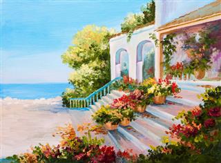 Oil Painting Of Terrace Near Sea
