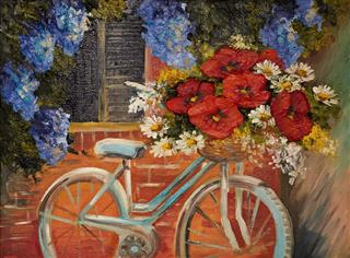 Flowers And Bike Oil Painting