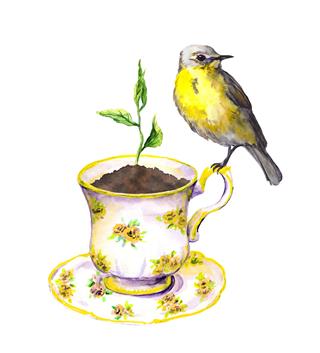 Bird And Plant In Teacup Watercolor