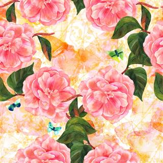 Watercolor Camellias And Butterflies