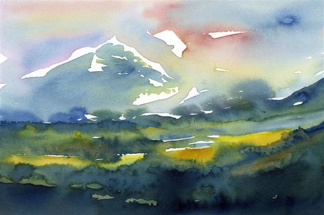 Watercolor Landscape With Mountains Painting