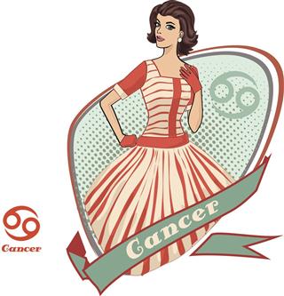 Cancer horoscope sign with retro girl