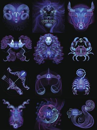 Twelve blue neon horoscope signs