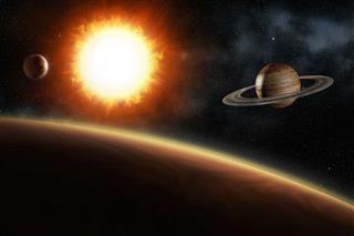 Glowing sun and solar system planets, 3d illustration