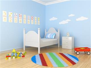 Photo of a child's room with sky blue walls