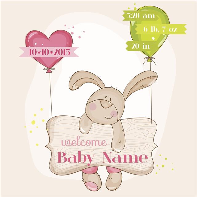 Baby Girl Arrival Card with Cute Baby Bunny