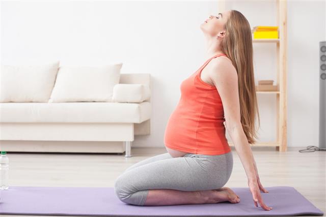 Pretty pregnant woman is doing yoga