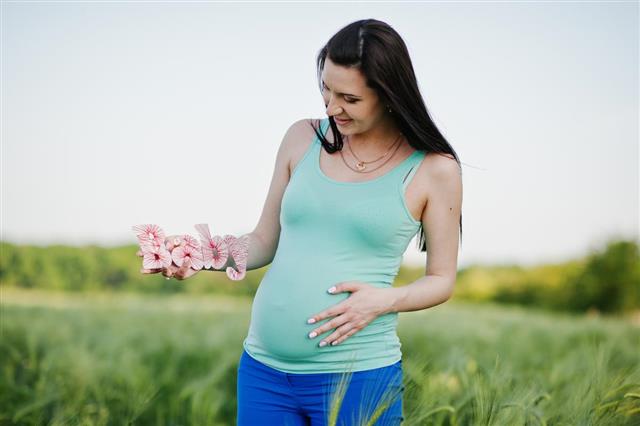 Beautiful brunette pregnant woman at wreath field