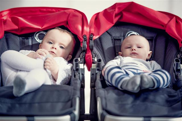 Babies on red and blue stroller