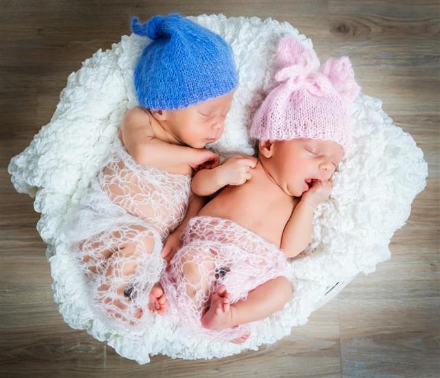 Newborn twins sleeping in a basket