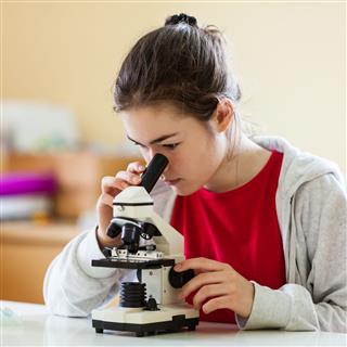 Girl Examining Something Under Microscope