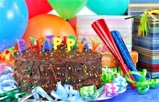 Happy Birthday Cake,balloons, gifts