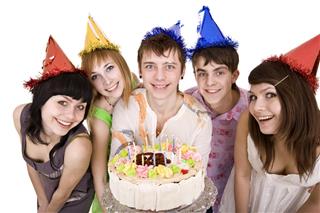 Group of teenager with cake celebrate happy birthday