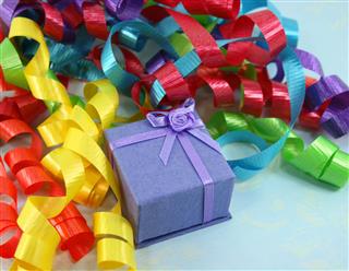 Purple Gift Box With Colorful Ribbons