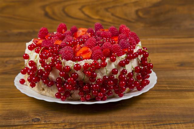 Cake With Strawberries And Raspberries Currants