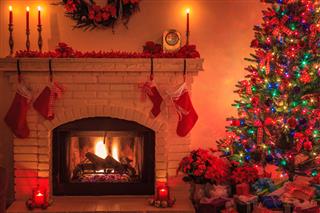 Christmas Tree With Lit Fireplace