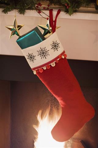 Christmas Stocking Hanging On Fireplace Mantel