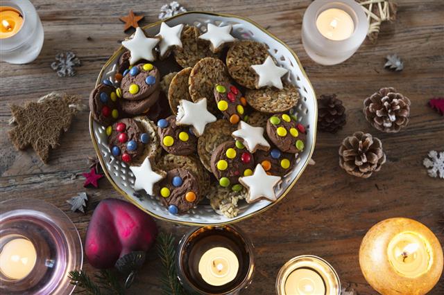 Christmas Cookies On Wooden Table