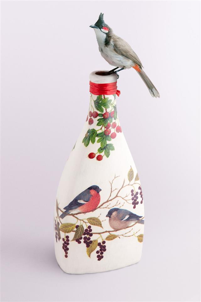 Bird On A Decoupage Bottle