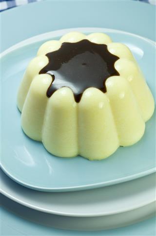 Pudding With Chocolate Sauce On Plate