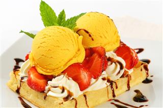 Waffle With Ice Cream And Strawberries