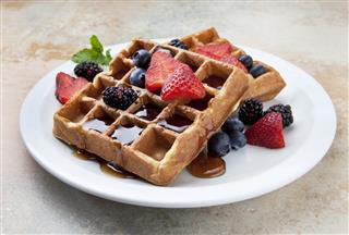 Waffles With Fruit And Maple Syrup