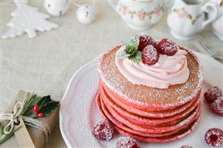 Red Velvet Pancakes With Christmas Decoration
