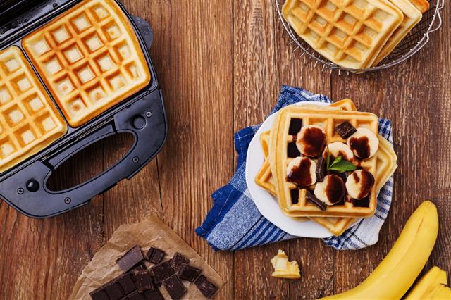 Delicious Waffles With Banana And Chocolate