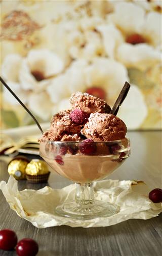 Homemade Chocolate Ice Cream With Cherries