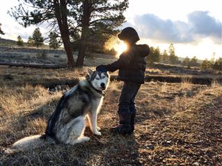 Boy Petting His Dog Out