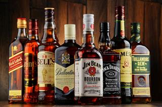 Bottles Of Several Whiskey Brands
