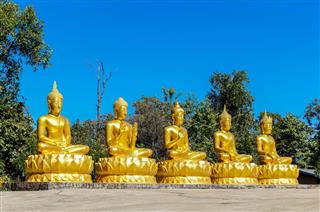Five Golden Buddhas With Different Mudras