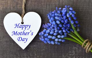 Blue Muscari Flowers And Wooden Heart
