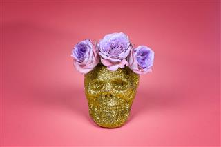 Gold Glitter Skull With Purple Rose