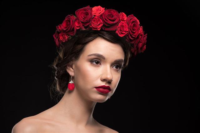 Woman With Roses Wreath On Head