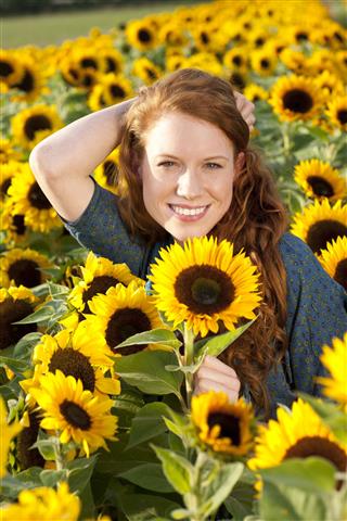 Young Woman In A Sunflower Field