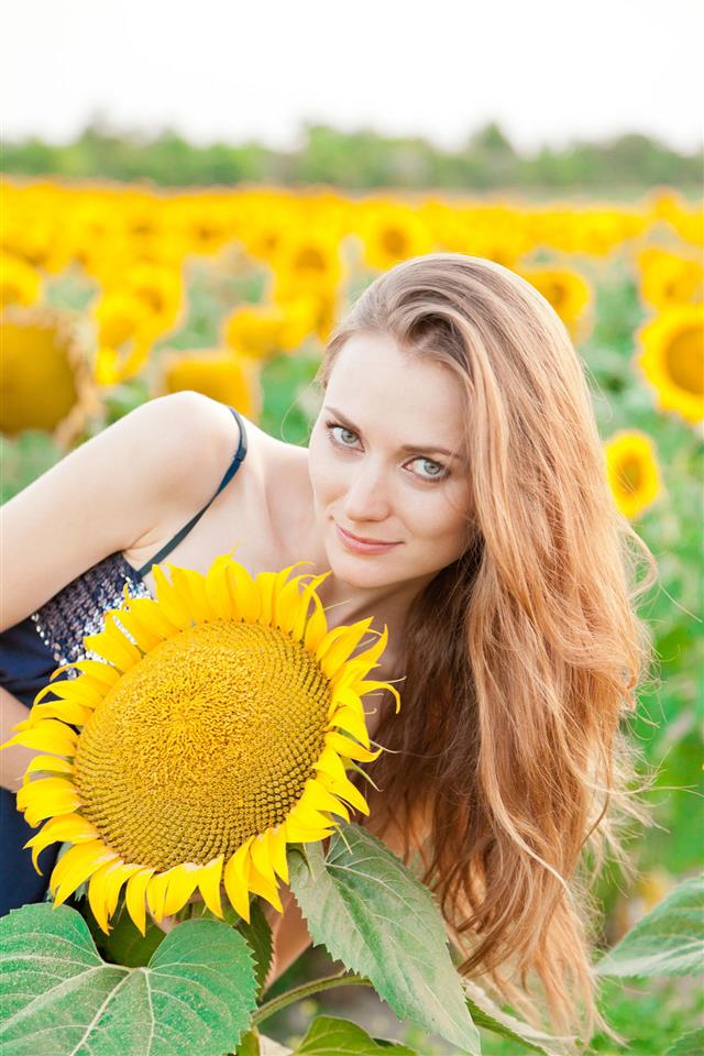 Young Woman In Sunflower Field