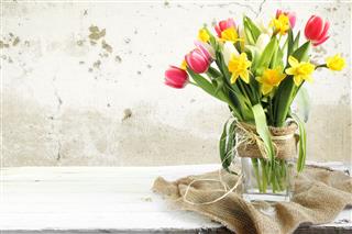 Vase Of Tulips And Easter Eggs