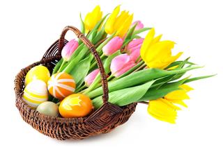 Basket With Tulips And Easter Eggs