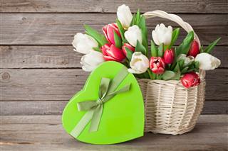 Colorful Tulips And Gift Box