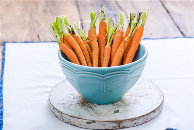 Baby carrots in pastel bowl