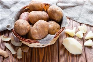 Potatoes in a basket on a napkin closeup