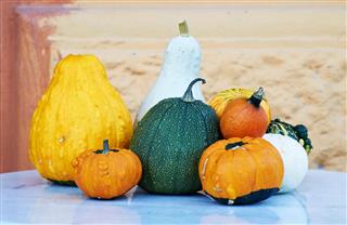 Autumn pumpkins of different colors on the table